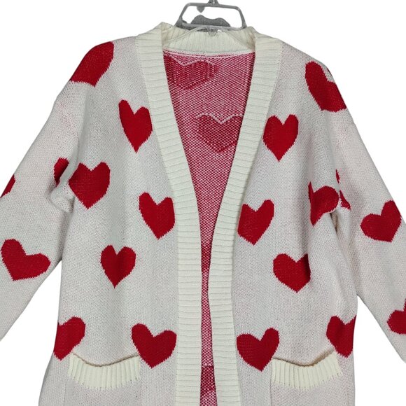 Beige Knitted Open Cardigan Red Hearts Pattern Long Sleeve 2 Front Patch Pockets - Picture 4 of 7